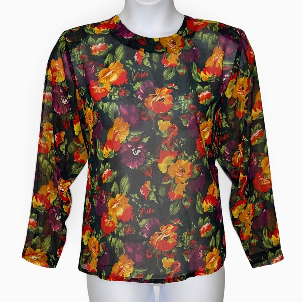 Vintage 80s Painterly Floral Blouse Large Sheer Long Sleeve Romantic Bold Boho